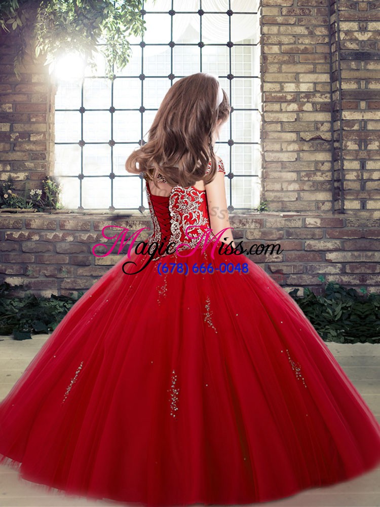 wholesale red ball gowns tulle off the shoulder sleeveless beading and appliques floor length lace up little girls pageant gowns