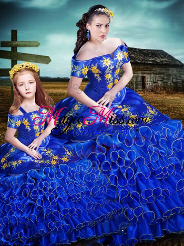 wholesale embroidery and ruffles quince ball gowns royal blue lace up sleeveless floor length