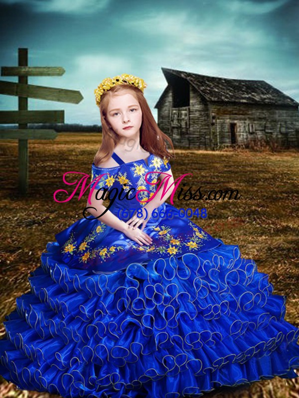 wholesale embroidery and ruffles quince ball gowns royal blue lace up sleeveless floor length