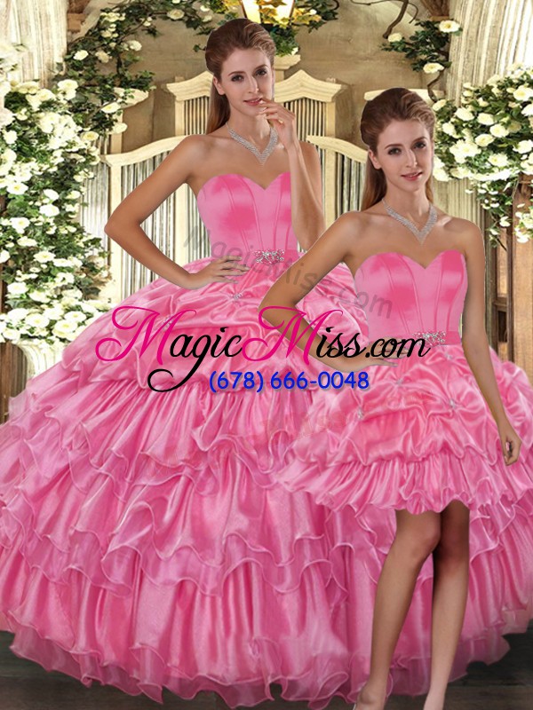 wholesale rose pink organza lace up sweetheart sleeveless floor length quinceanera gown ruffled layers and pick ups