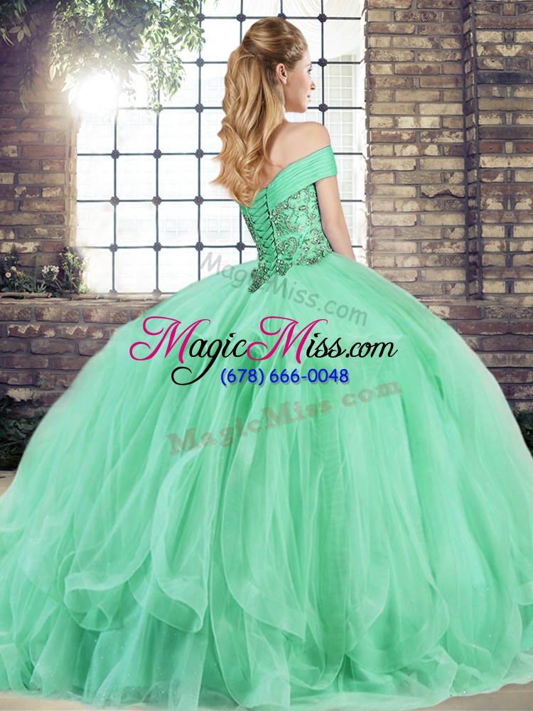 wholesale fantastic off the shoulder sleeveless tulle vestidos de quinceanera beading and ruffles lace up