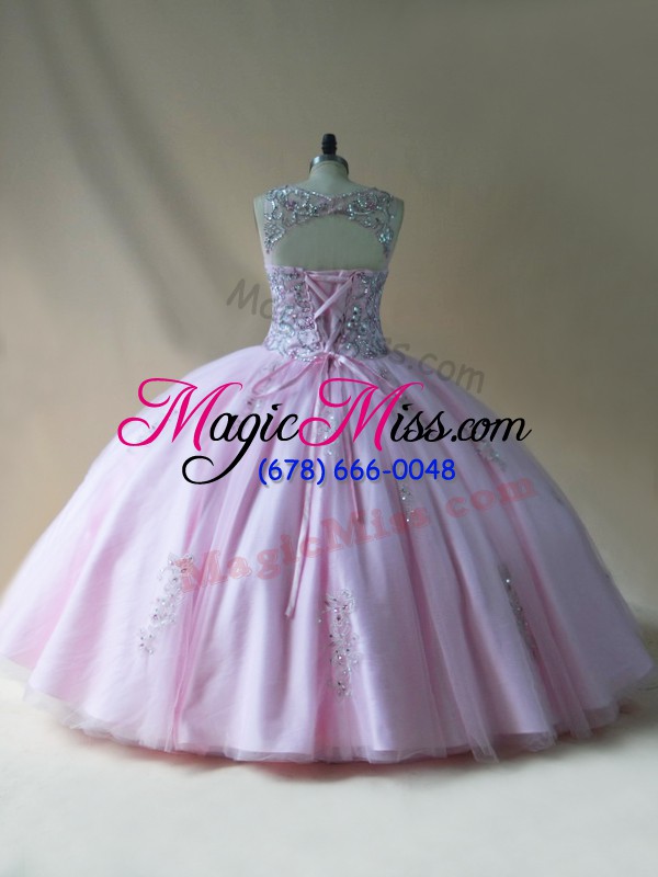 wholesale baby pink ball gowns beading quinceanera dresses lace up tulle sleeveless floor length
