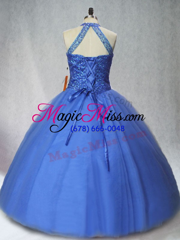 wholesale blue tulle lace up halter top sleeveless floor length ball gown prom dress beading