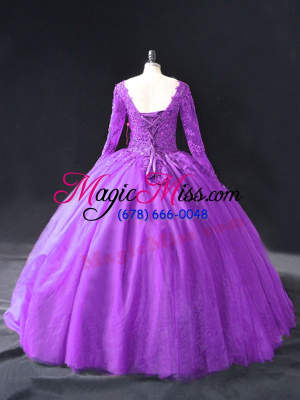 wholesale purple lace up v-neck lace and appliques sweet 16 dress tulle long sleeves