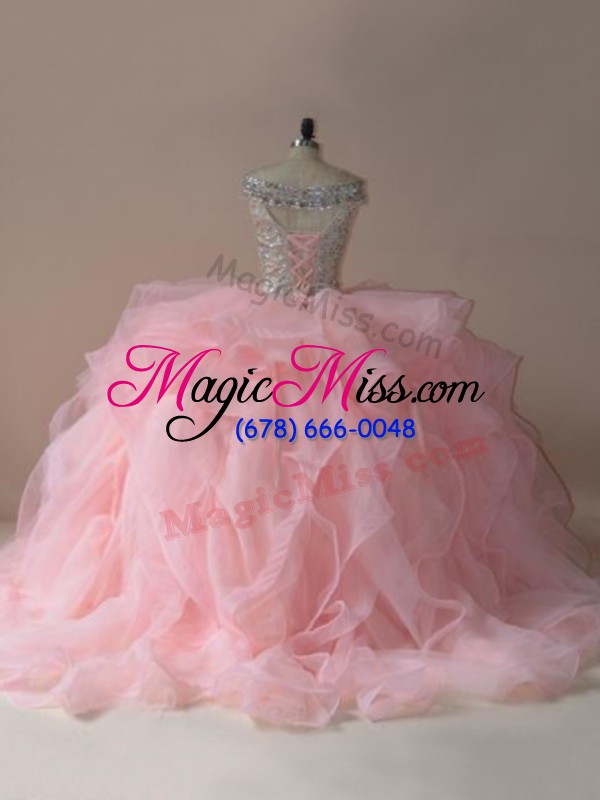 wholesale traditional off the shoulder sleeveless tulle quinceanera dress beading and ruffles brush train lace up