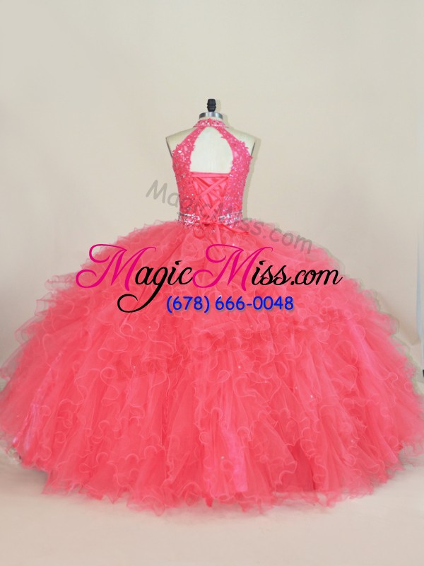 wholesale superior halter top sleeveless quinceanera dress beading and ruffles pink tulle