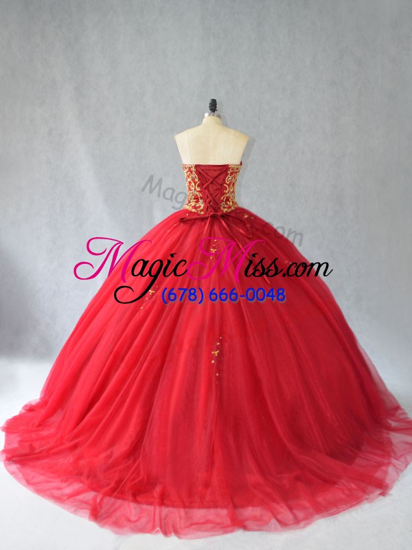 wholesale colorful red ball gowns tulle sweetheart sleeveless beading lace up ball gown prom dress brush train