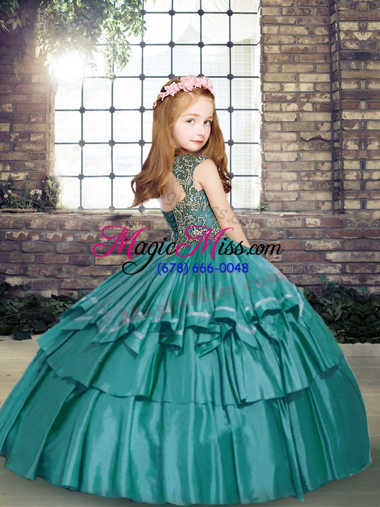 wholesale high class green taffeta lace up straps sleeveless floor length little girls pageant dress beading