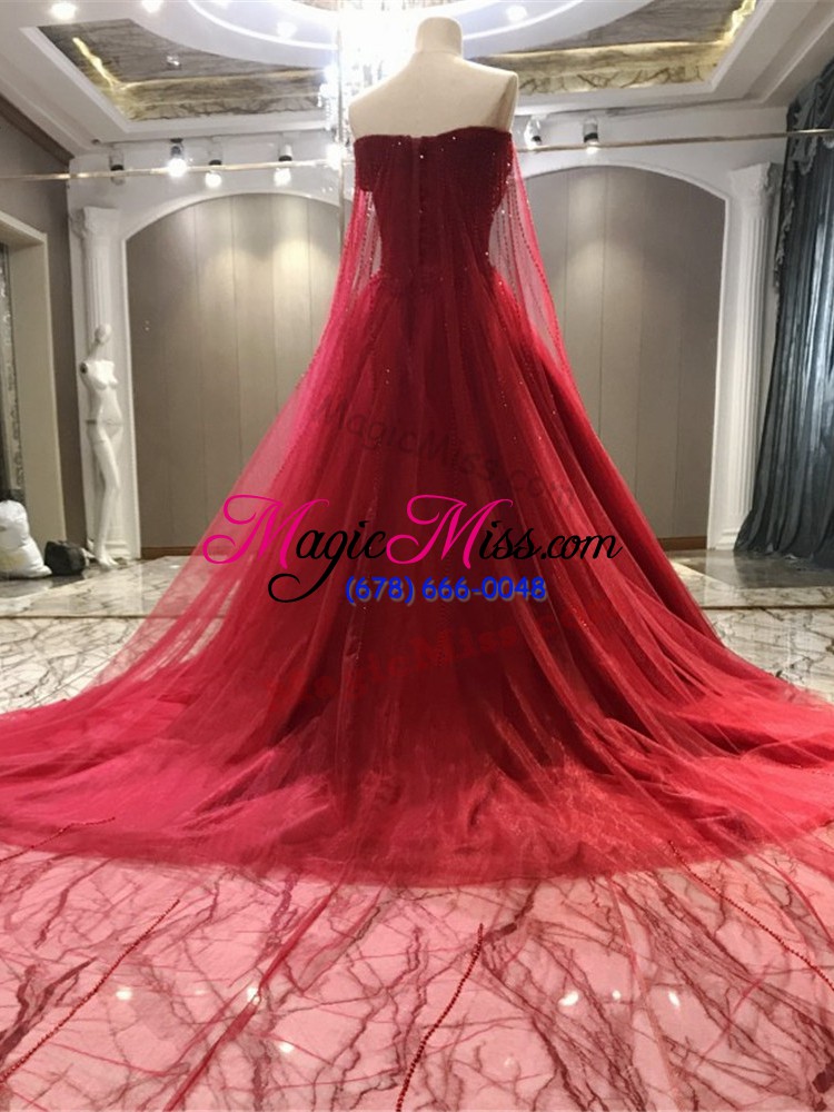 wholesale eye-catching coral red strapless neckline beading wedding dress sleeveless zipper