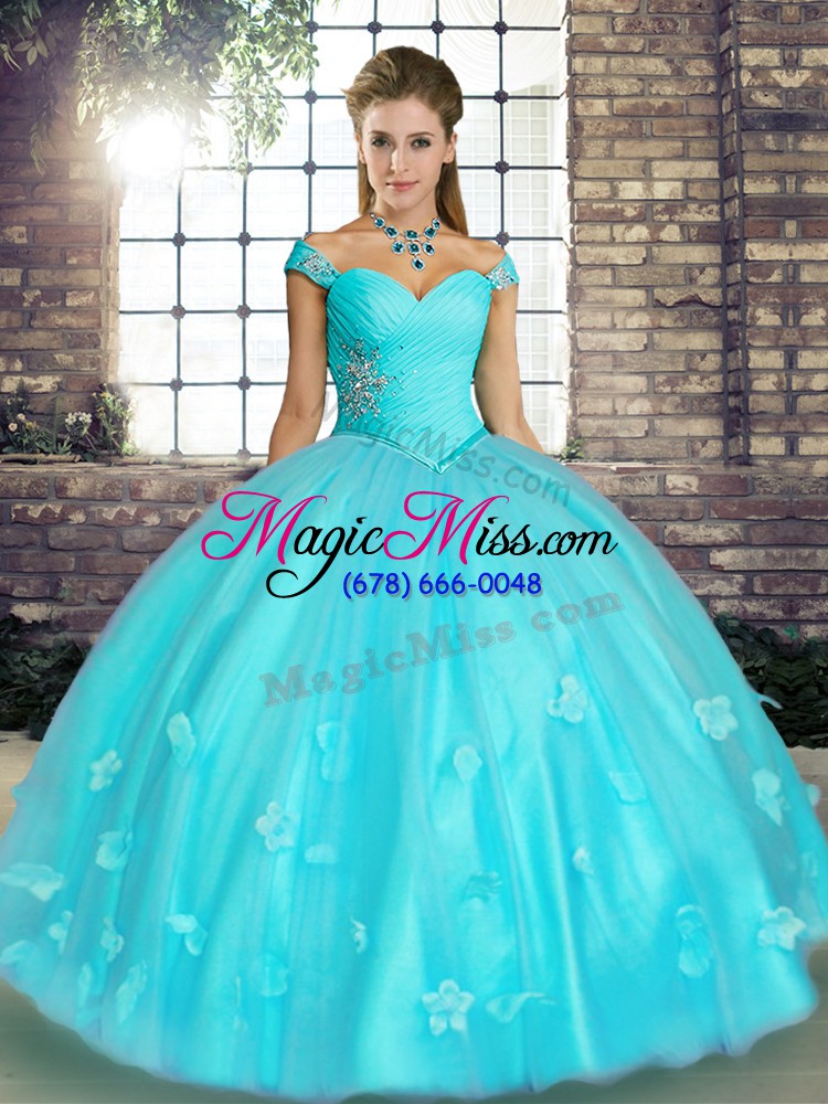wholesale floor length ball gowns sleeveless aqua blue quinceanera gowns lace up
