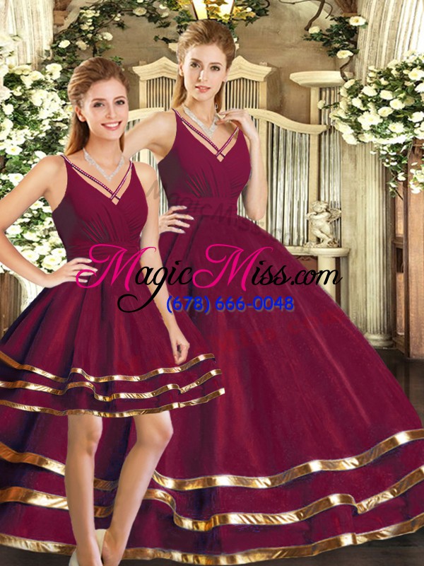 wholesale modern ruffled layers quinceanera dress burgundy backless sleeveless floor length