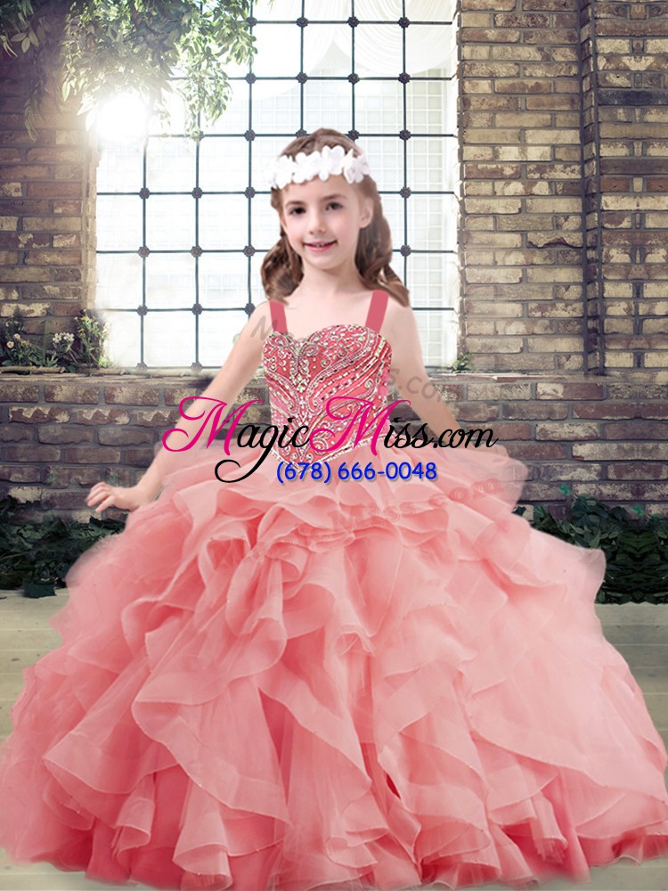 wholesale sleeveless tulle floor length lace up little girls pageant gowns in watermelon red with beading and ruffles