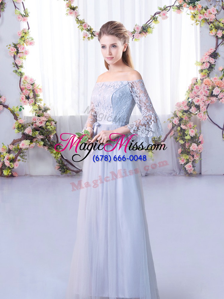 wholesale latest 3 4 length sleeve tulle floor length lace up damas dress in grey with lace