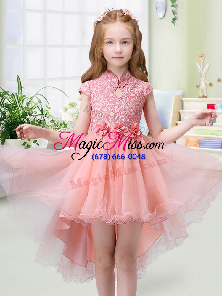 wholesale luxurious peach a-line organza high-neck cap sleeves lace and hand made flower high low zipper flower girl dresses