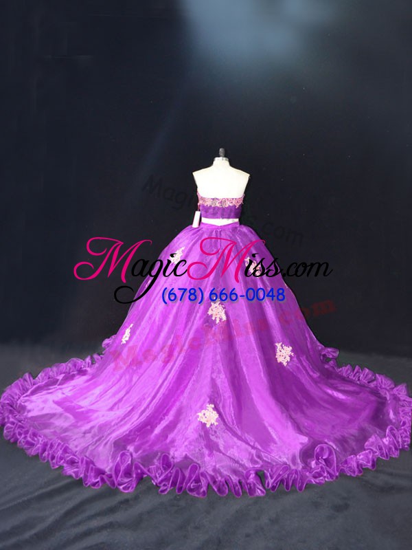 wholesale brush train ball gowns vestidos de quinceanera purple sweetheart organza sleeveless zipper
