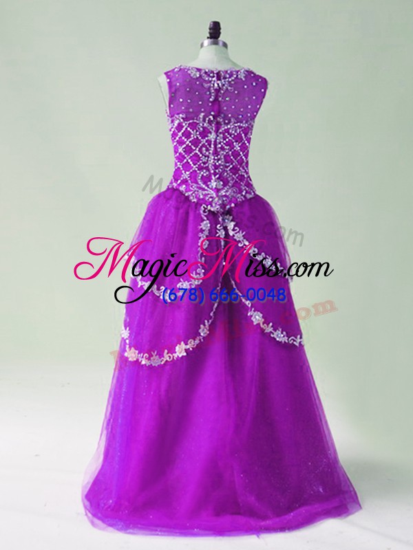 wholesale glittering scoop sleeveless prom dress high low beading and appliques purple tulle