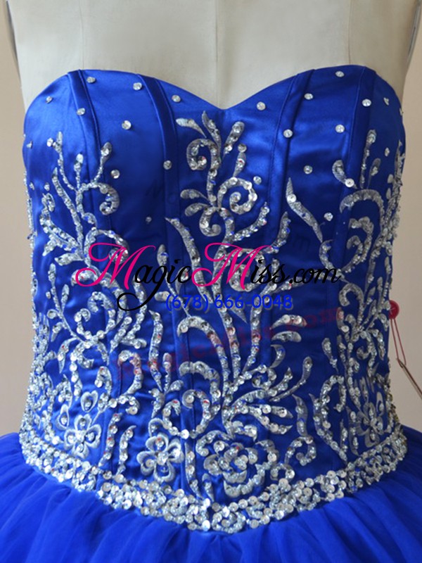 wholesale popular royal blue lace up sweet 16 dress embroidery sleeveless floor length
