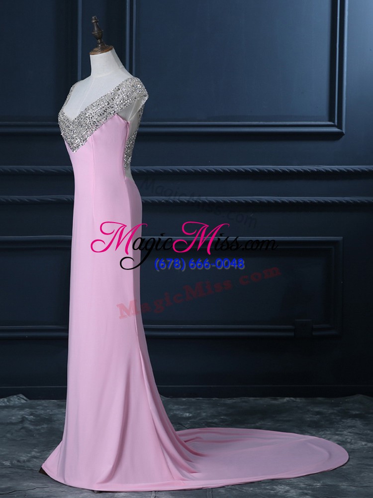 wholesale modest cap sleeves chiffon court train side zipper evening dress in pink with beading