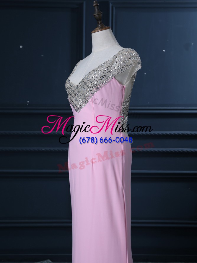 wholesale modest cap sleeves chiffon court train side zipper evening dress in pink with beading