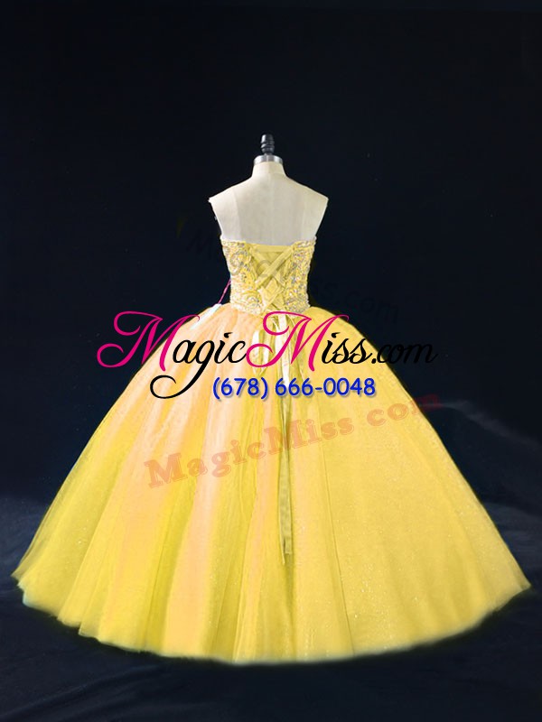 wholesale charming gold ball gowns sweetheart sleeveless tulle floor length lace up beading sweet 16 dress