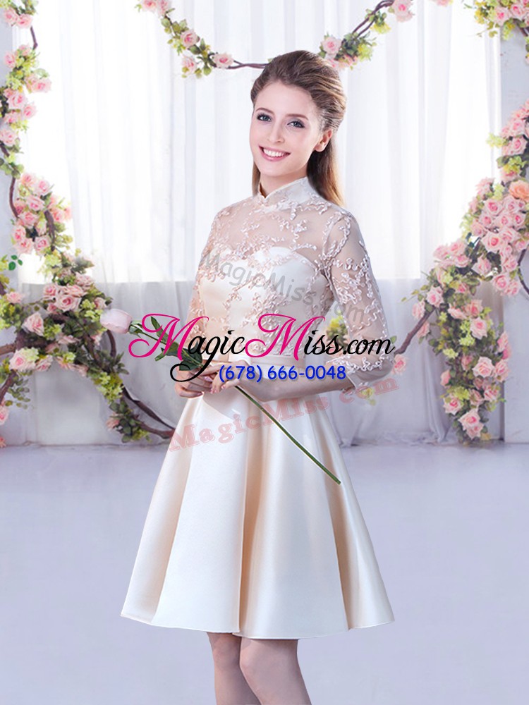 wholesale champagne a-line high-neck half sleeves satin mini length lace up lace and belt wedding guest dresses