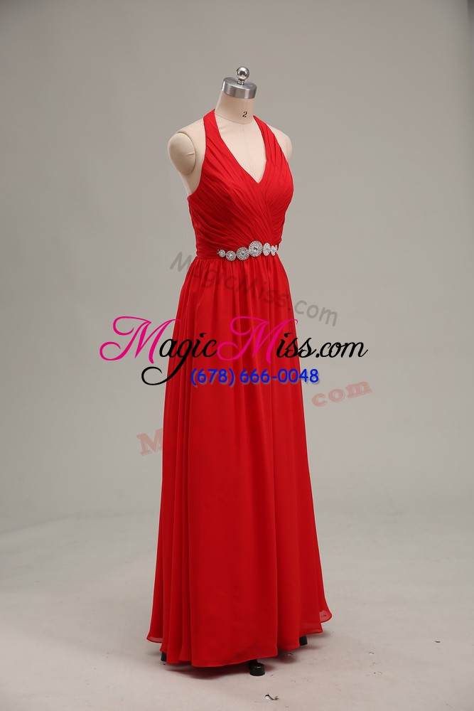 wholesale chiffon sleeveless floor length prom dress and beading and ruching