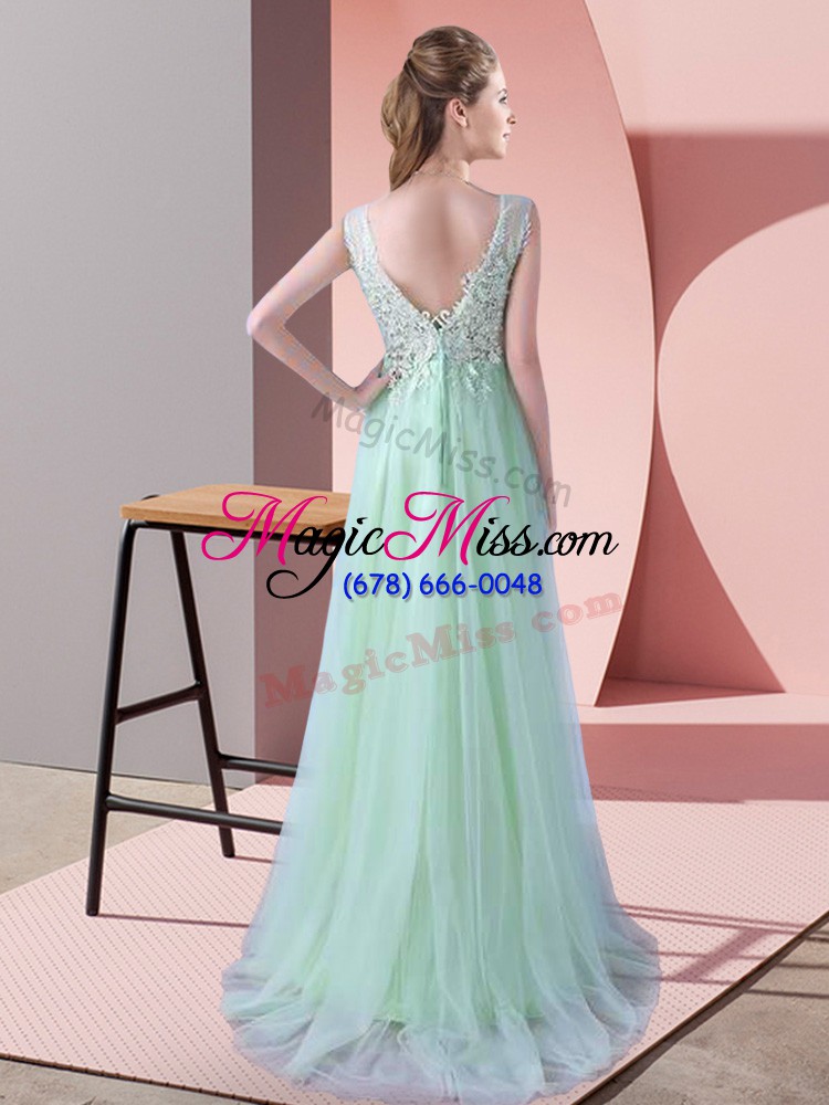 wholesale tulle scoop sleeveless brush train zipper beading and lace quinceanera court of honor dress in apple green