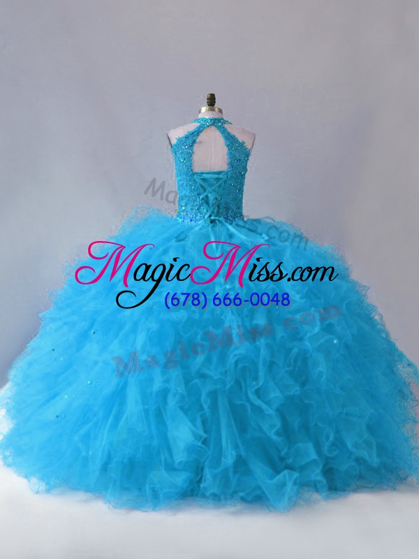 wholesale custom designed sleeveless tulle floor length lace up quince ball gowns in blue with beading and ruffles