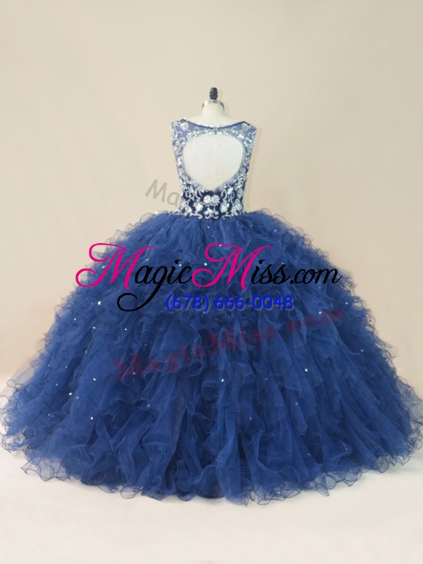 wholesale navy blue ball gowns tulle v-neck sleeveless embroidery and ruffles floor length backless sweet 16 quinceanera dress