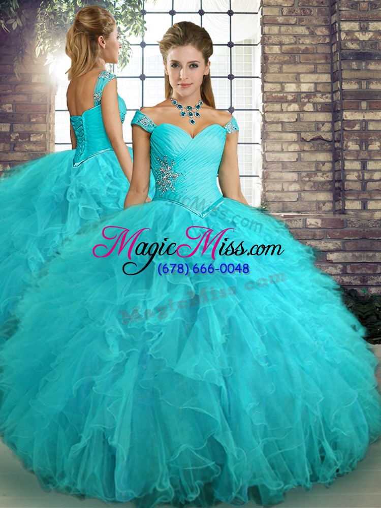 wholesale best selling tulle off the shoulder sleeveless lace up beading and ruffles sweet 16 dresses in aqua blue