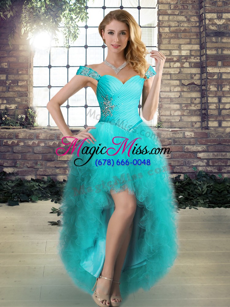 wholesale best selling tulle off the shoulder sleeveless lace up beading and ruffles sweet 16 dresses in aqua blue