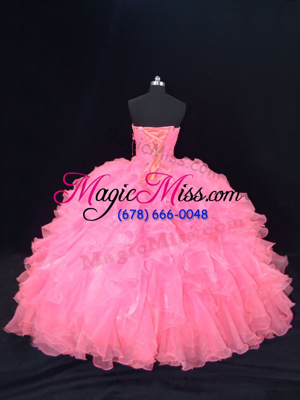 wholesale lovely organza strapless sleeveless lace up beading and ruffles quinceanera dresses in pink