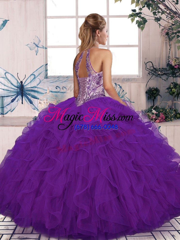 wholesale tulle halter top sleeveless lace up beading and ruffles quinceanera gowns in turquoise