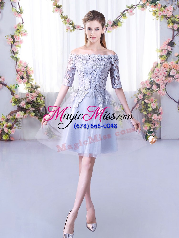 wholesale colorful grey a-line tulle off the shoulder half sleeves lace mini length lace up damas dress