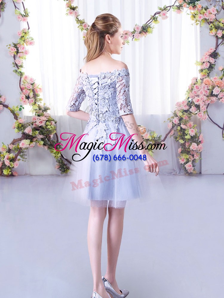 wholesale colorful grey a-line tulle off the shoulder half sleeves lace mini length lace up damas dress