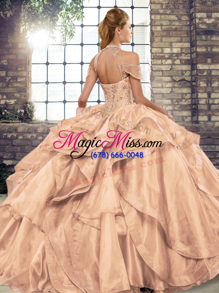 wholesale floor length lace up quince ball gowns gold for military ball and sweet 16 and quinceanera with beading and ruffles