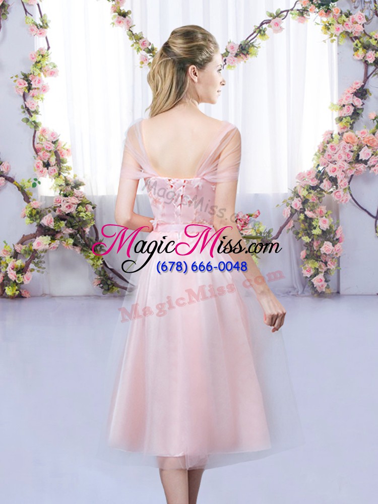 wholesale baby pink lace up sweetheart lace and belt bridesmaid dress tulle short sleeves