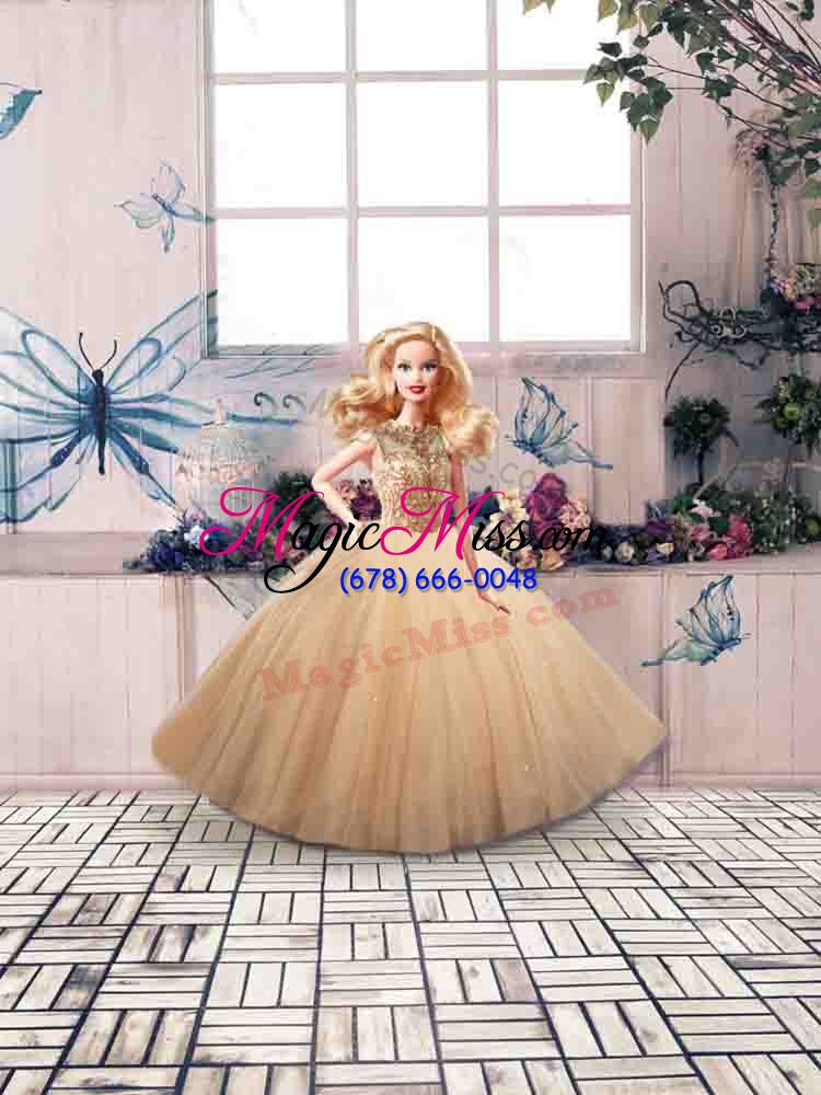 wholesale gold tulle lace up scoop sleeveless floor length 15 quinceanera dress beading