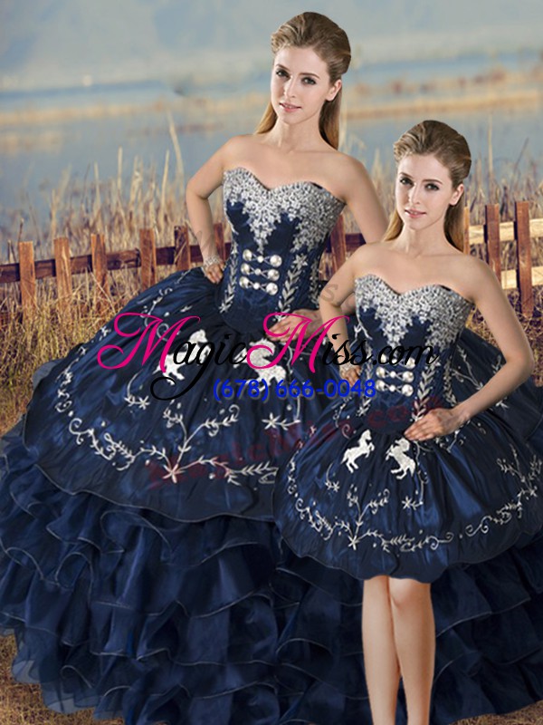 wholesale pretty embroidery and ruffles quinceanera dress navy blue lace up sleeveless floor length