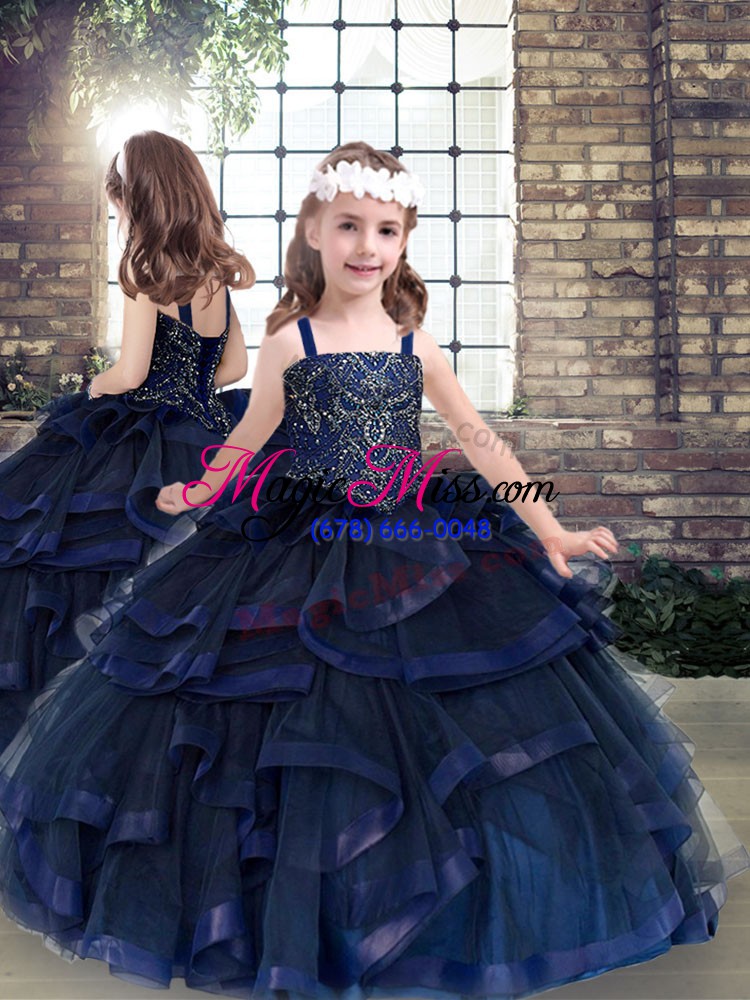 wholesale exquisite navy blue ball gowns beading and ruffles vestidos de quinceanera lace up tulle sleeveless floor length