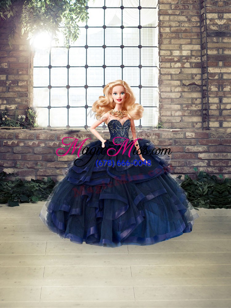 wholesale exquisite navy blue ball gowns beading and ruffles vestidos de quinceanera lace up tulle sleeveless floor length