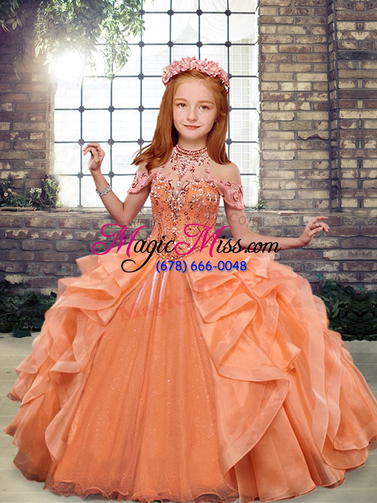 wholesale charming floor length orange child pageant dress high-neck sleeveless lace up