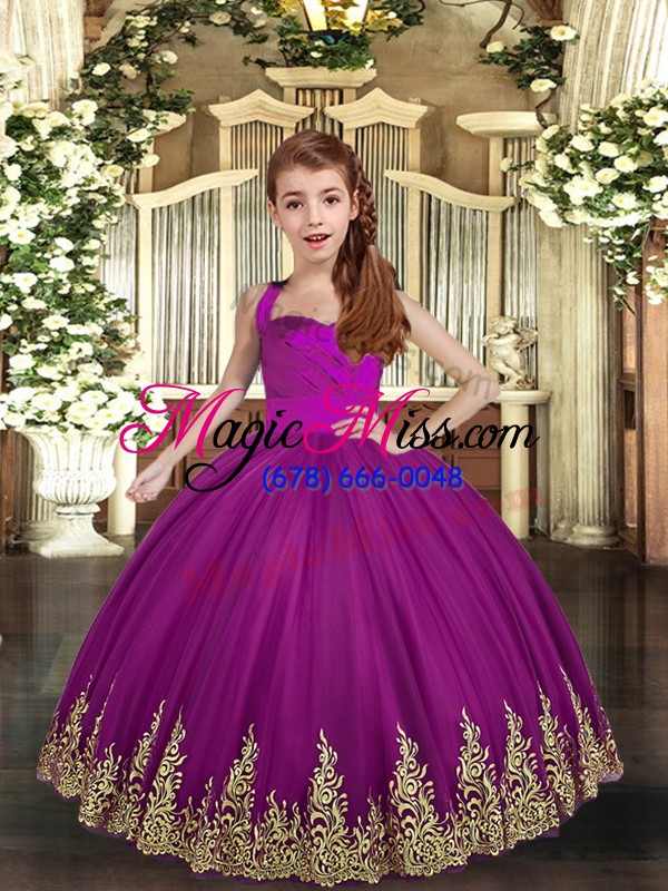 wholesale dramatic tulle straps sleeveless lace up embroidery child pageant dress in purple