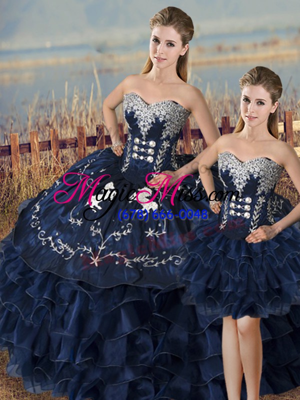 wholesale fantastic navy blue ball gowns embroidery and ruffles 15th birthday dress lace up satin and organza sleeveless high low