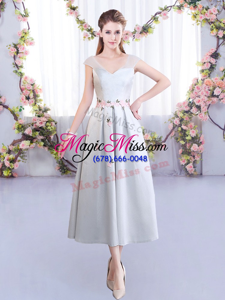 wholesale satin cap sleeves tea length court dresses for sweet 16 and appliques