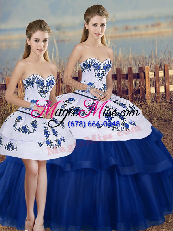 wholesale glamorous royal blue ball gown prom dress military ball and sweet 16 and quinceanera with embroidery and bowknot sweetheart sleeveless lace up