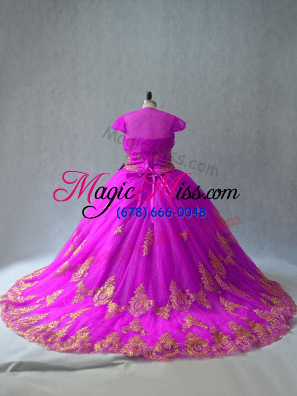 wholesale sleeveless tulle court train lace up quinceanera gown in fuchsia with beading and appliques