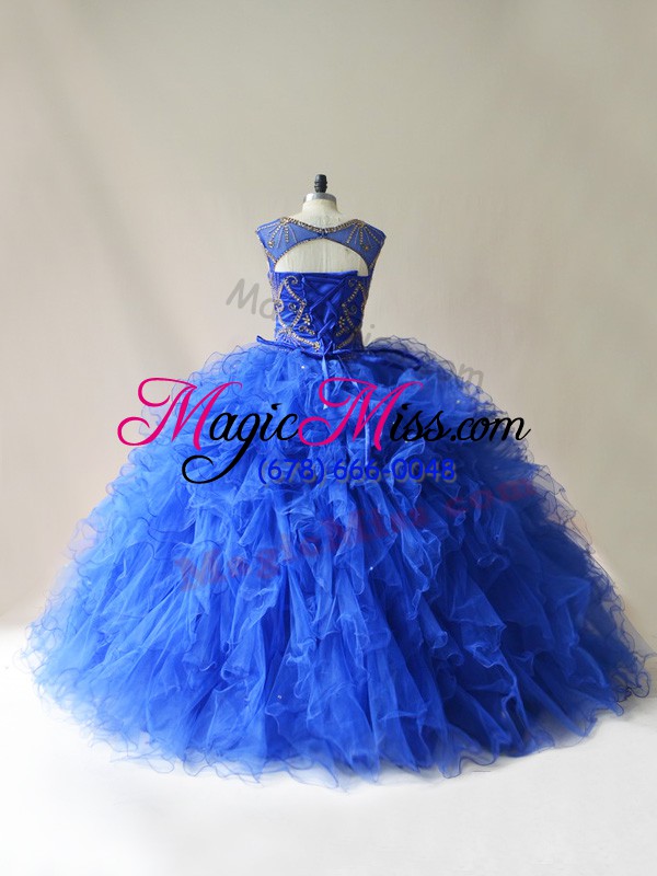 wholesale royal blue ball gowns tulle scoop sleeveless beading and ruffles floor length lace up sweet 16 quinceanera dress