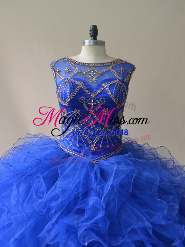 wholesale royal blue ball gowns tulle scoop sleeveless beading and ruffles floor length lace up sweet 16 quinceanera dress