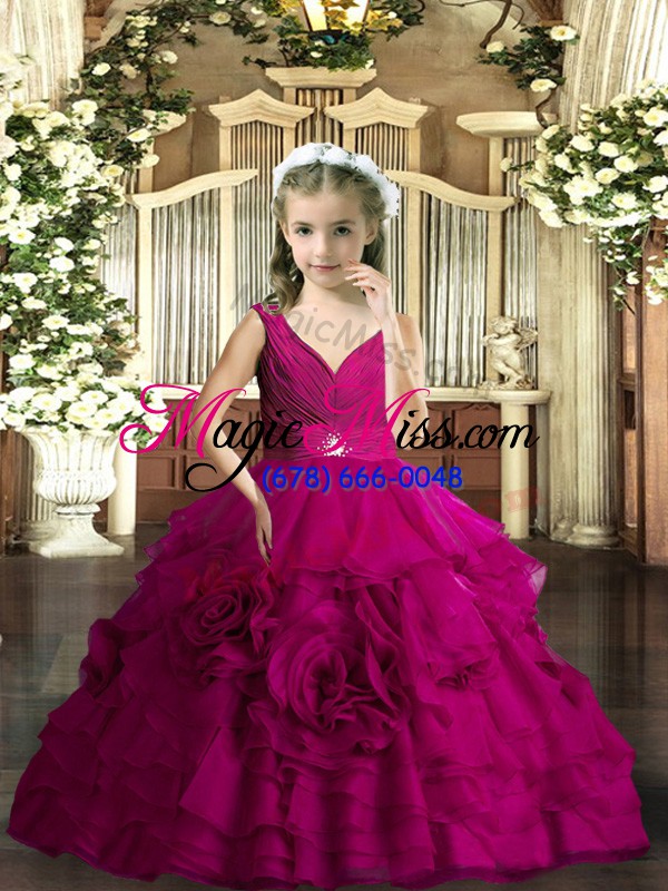 wholesale custom fit floor length backless girls pageant dresses fuchsia for party and sweet 16 and wedding party with beading